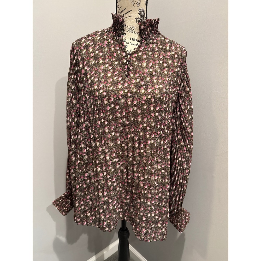 Cabi Womens Floral Print SheerMock Neck Long Sleeve Pleated Blouse Size‎ M